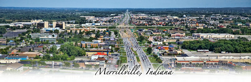 Aerial photo of Merrillville, Indiana over US 30 facing east towards I-65.